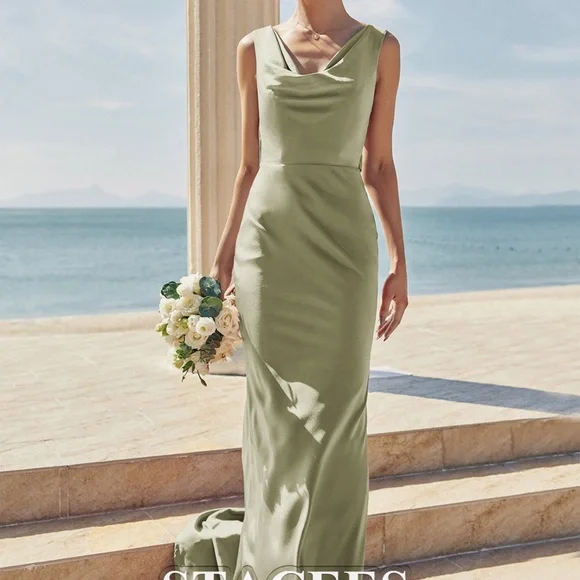 Satin Sage Green Bridesmaid Dress - Picture 3 of 7